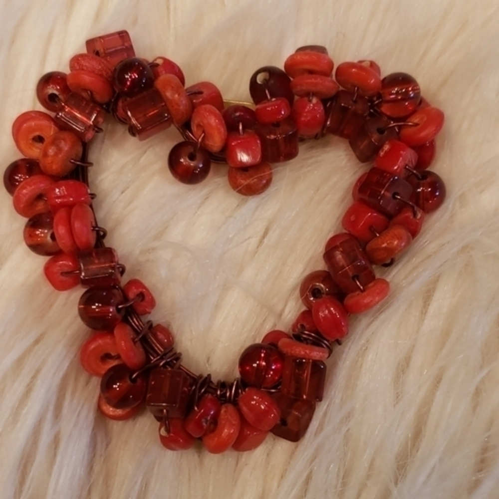 LARGE  BEADED‎ RED HEART BROOCH PIN